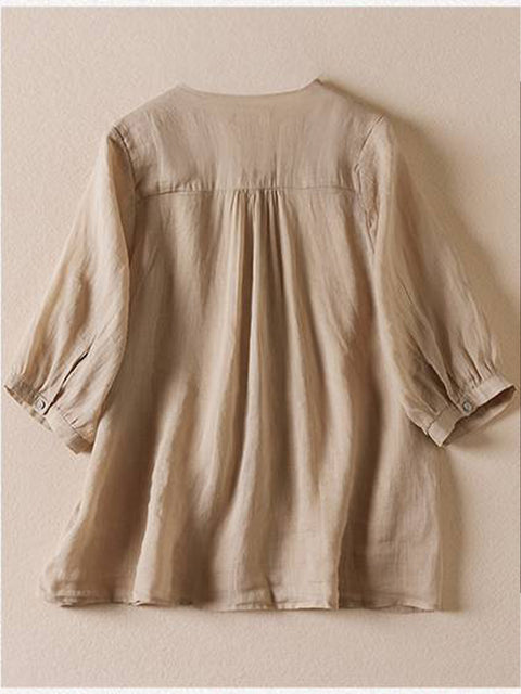 Women's V Neck Cotton and Linen Shirt