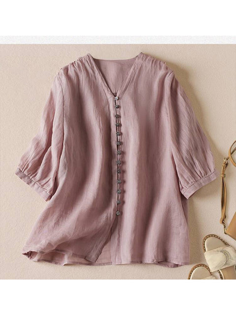 Women's V Neck Cotton and Linen Shirt