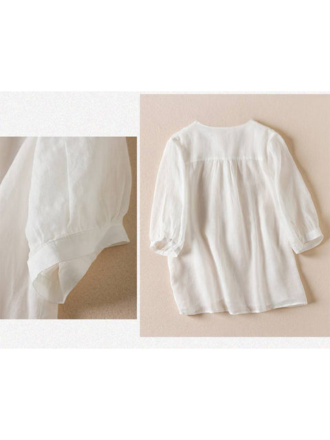 Women's V Neck Cotton and Linen Shirt