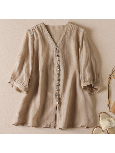 Women's V Neck Cotton and Linen Shirt