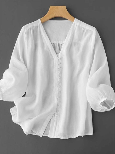 Women's V Neck Cotton and Linen Shirt